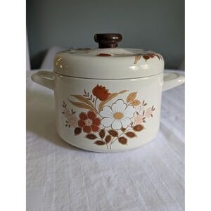 Vintage Kingsbury Dogwood Stock Pot with Lid 70's Enamelware Floral Mid-Century